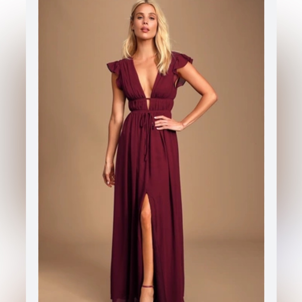 I’m all yours burgundy ruffled maxi dress